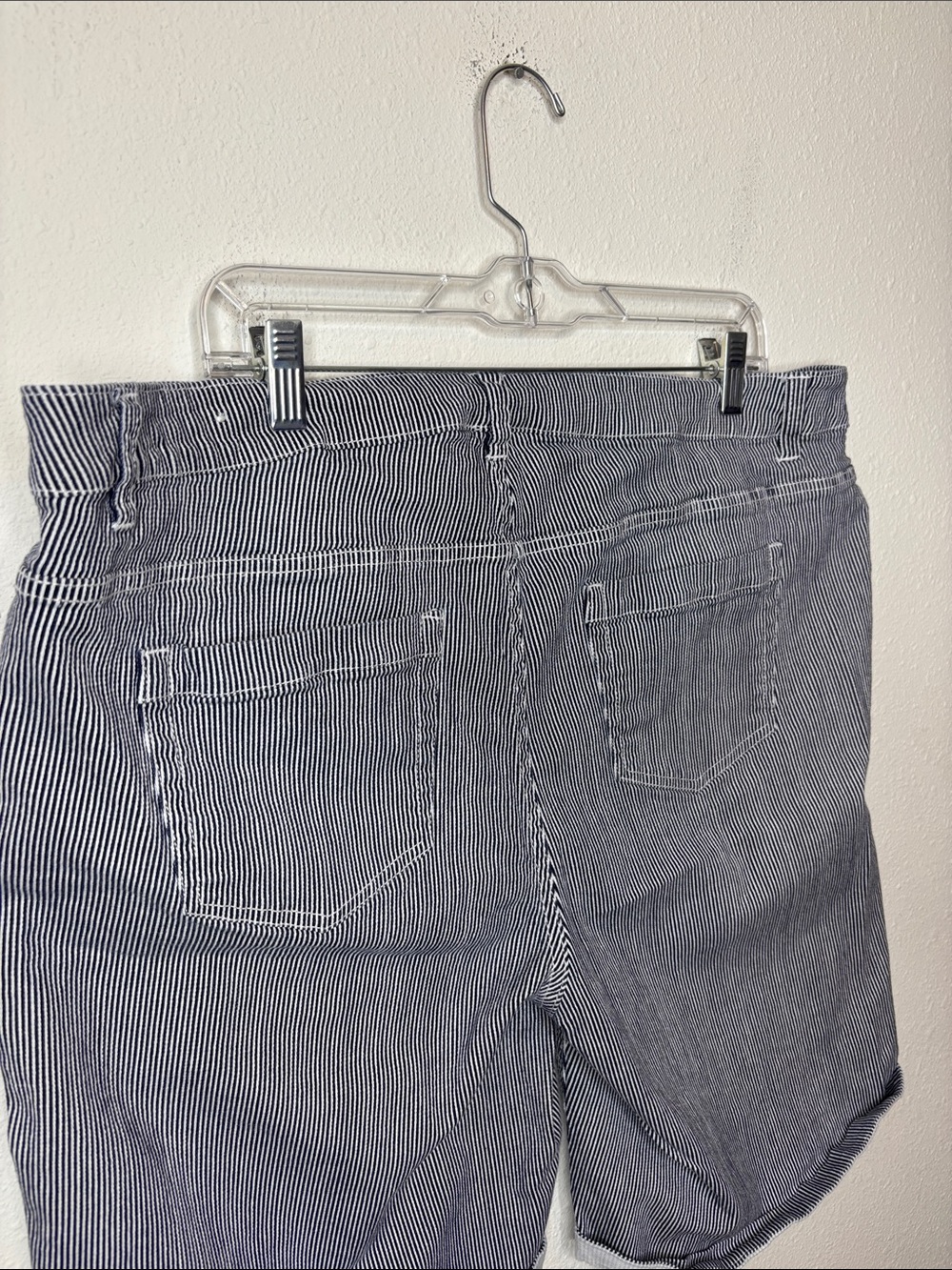 CJ Banks Navy Pinstripe Floral Embroidered Jean Shorts - Picture 6 of 10